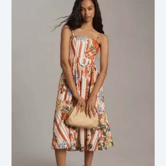 Anthropologie Maeve Strapless Belted A Line Midi Dress Red Floral Pockets XS NEW - Picture 1 of 16